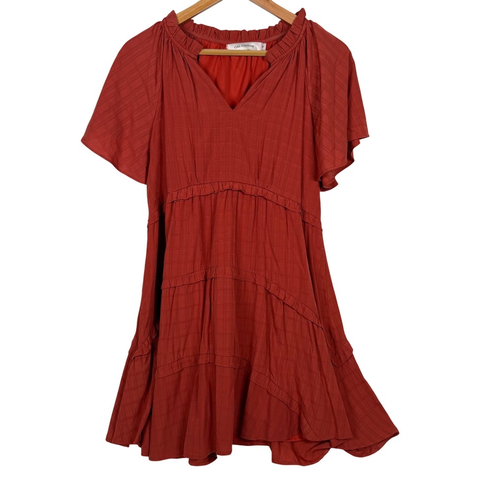 GAL Clothing Mini Dress Womens Small‎ Rust Orange Tiered Flutter Sleeve V-Neck